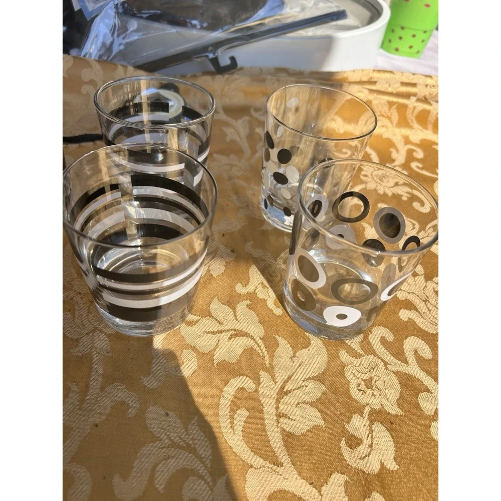 Set of 8 IKEA Lowball Glasses Black White Pattern Mixed Modern Rocks‎ Tumblers